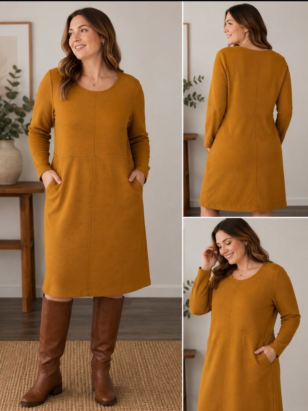 NEW Boden Mustard Ribbed Knit Shift Dress Plus Size 16-18 Midi Pockets classic